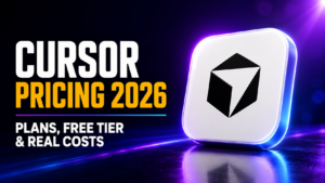 Thumbnail showing bold white and amber text reading “CURSOR PRICING 2026” with the subtitle “Plans, free tier & real costs,” beside a glossy white Cursor app-style icon on a dark purple-blue neon background.