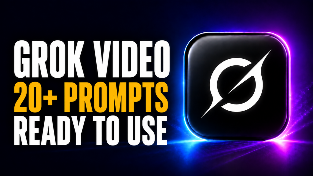 Thumbnail showing bold white and amber text reading “GROK VIDEO / 20+ PROMPTS READY TO USE” beside a glossy black Grok-style app icon on a dark purple-blue neon background.
