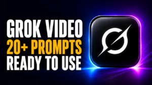 Thumbnail showing bold white and amber text reading “GROK VIDEO / 20+ PROMPTS READY TO USE” beside a glossy black Grok-style app icon on a dark purple-blue neon background.