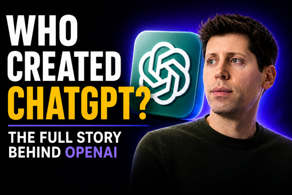 Thumbnail showing bold white and amber text reading “WHO CREATED CHATGPT?” with the subtitle “The full story behind OpenAI,” beside a portrait of Sam Altman and a large glowing OpenAI logo on a dark purple-blue neon background.