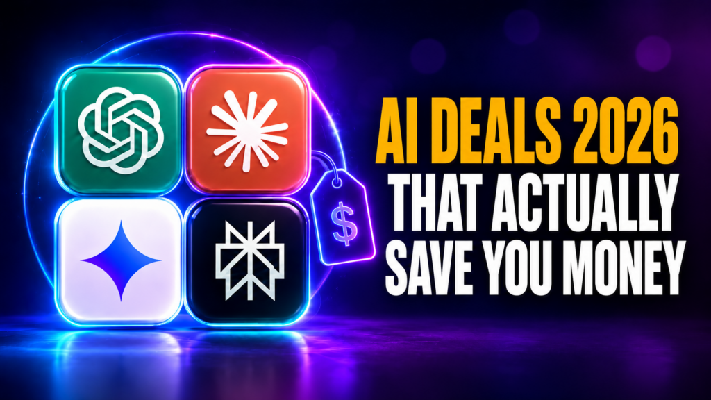 Thumbnail for “AI Deals 2026 That Actually Save You Money” showing a glowing grid of major AI app logos on the left with a neon price tag icon, and bold amber-and-white text on the right over a dark blue-purple tech background.