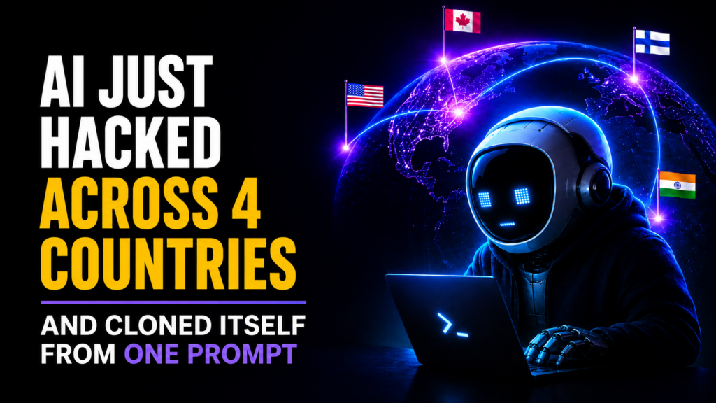 Cyberpunk article thumbnail with the headline “AI Just Hacked Across 4 Countries and Cloned Itself From One Prompt,” showing a hooded robot hacker at a laptop in front of a glowing digital globe with Canada, United States, Finland, and India flags connected by neon attack paths.