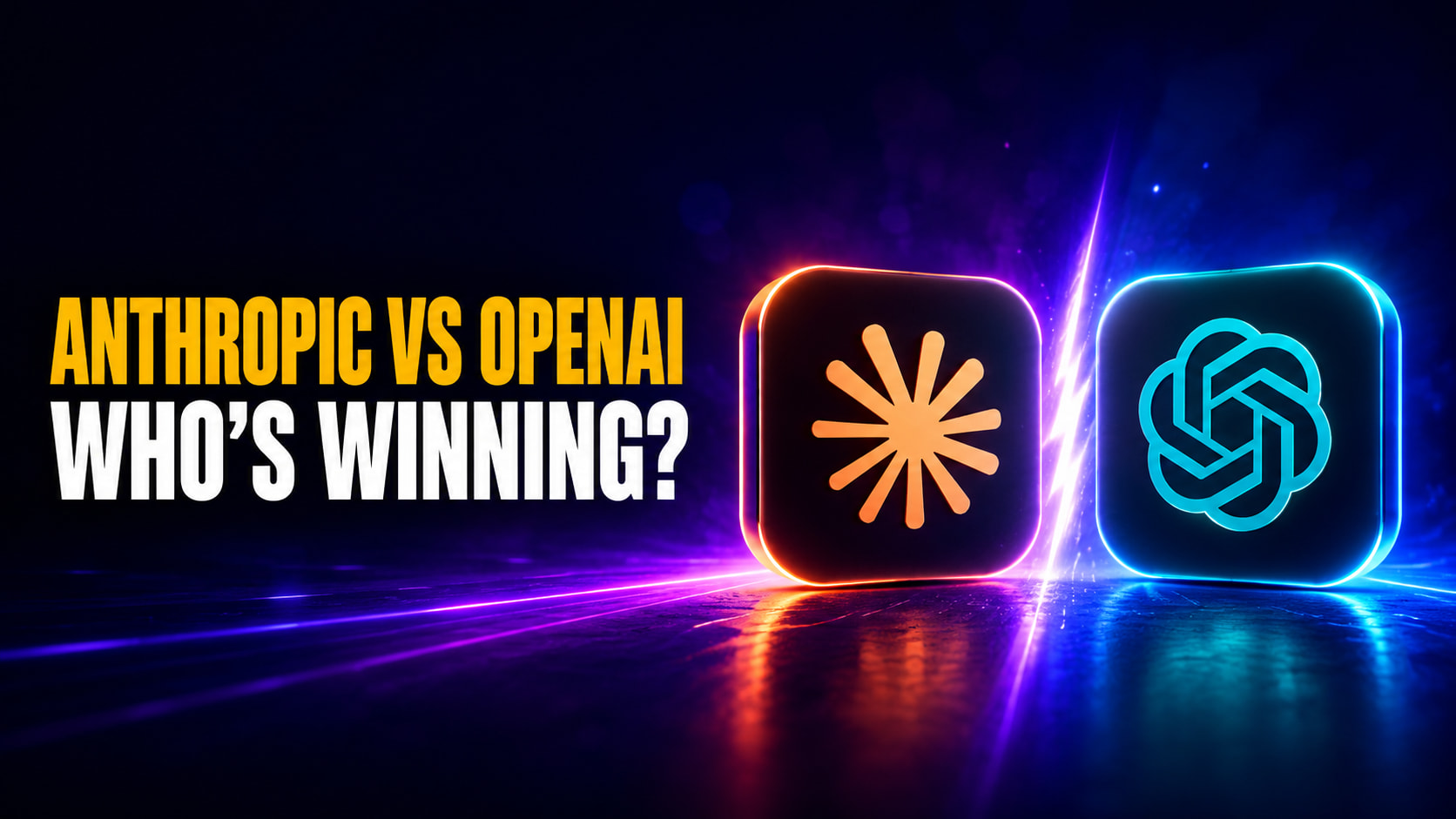 Thumbnail for “Anthropic vs OpenAI: Who’s Winning the AI Race in 2026?” featuring bold yellow and white text beside glowing Claude and ChatGPT-style app icons facing off across a neon split background. The dark blue and purple tech design highlights the 2026 AI race between Anthropic and OpenAI.