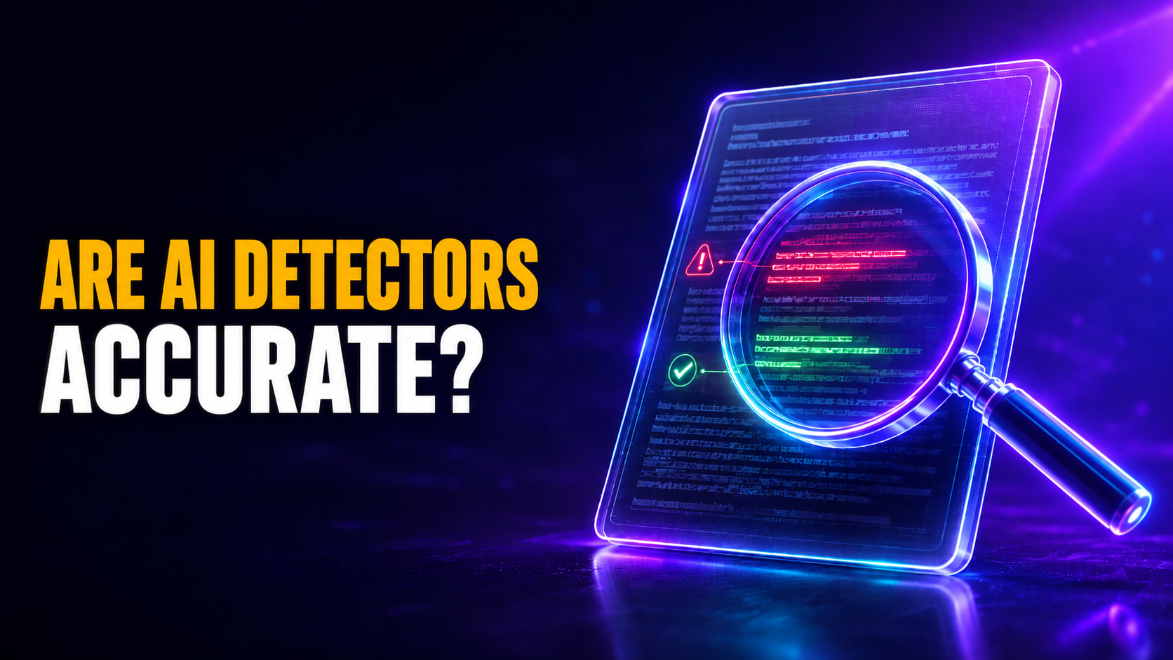 Thumbnail for “Are AI Detectors Accurate?” featuring bold yellow and white text beside a glowing digital document being scanned with a magnifying glass. The neon blue and purple design highlights AI detection, false positives, and the question of whether AI writing detectors can reliably catch ChatGPT in 2026.