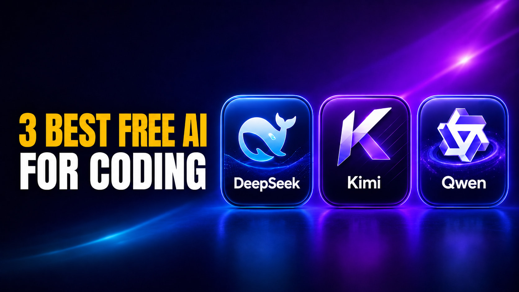 16:9 Fello AI article thumbnail with the headline “3 Best Free AI for Coding,” featuring three glowing rounded app tiles for DeepSeek, Kimi , and Qwen on a dark blue and purple neon tech background.