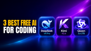 16:9 FelloAI article thumbnail with the headline “3 Best Free AI for Coding,” featuring three glowing rounded app tiles for DeepSeek V4 Pro, Kimi K2.6, and Qwen 3.6 27B on a dark blue and purple neon tech background.