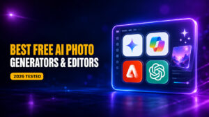 Thumbnail for “Best Free AI Photo Generators and Editors in 2026” showing bold amber and white headline text reading “Best Free AI Photo Generators & Editors” with a “2026 Tested” badge, alongside a glowing AI photo-editing dashboard with icons representing Gemini, Microsoft Copilot, Adobe Firefly, and ChatGPT on a dark blue and purple neon background.