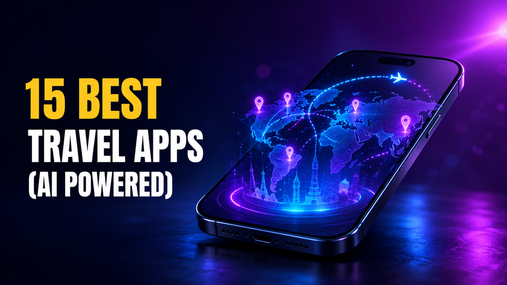 15 Best Travel Apps (AI Powered) thumbnail with bold amber and white text beside an iPhone displaying a glowing holographic world map, flight route, destination pins, and neon travel planning visuals on a dark blue-purple background.