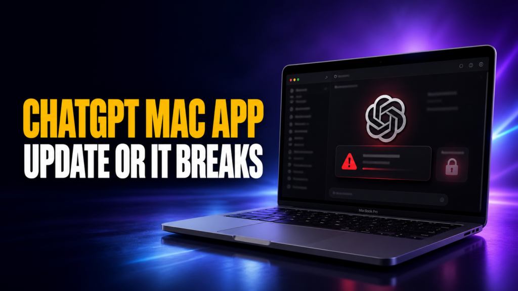 ChatGPT Mac app update thumbnail showing bold amber and white text reading “CHATGPT MAC APP / UPDATE OR IT BREAKS” beside a MacBook Pro displaying the OpenAI logo, a red warning alert, and a lock icon on a dark purple-blue neon background.