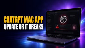 ChatGPT Mac app update thumbnail showing bold amber and white text reading “CHATGPT MAC APP / UPDATE OR IT BREAKS” beside a MacBook Pro displaying the OpenAI logo, a red warning alert, and a lock icon on a dark purple-blue neon background.