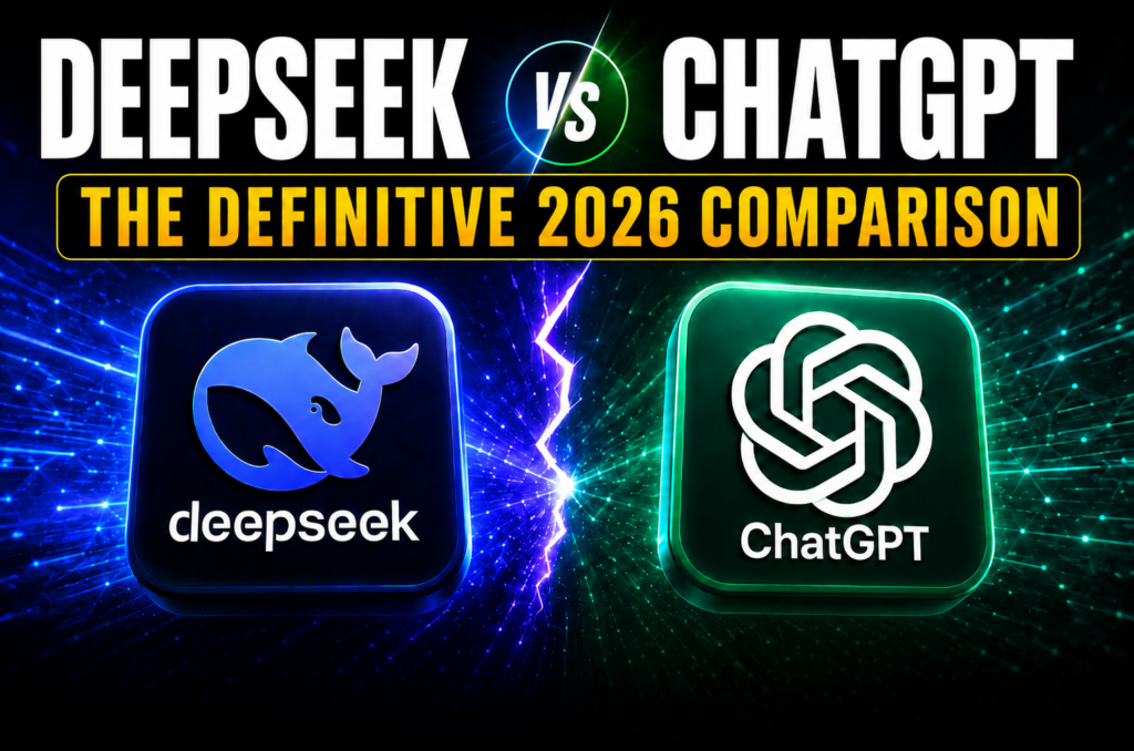 Thumbnail showing bold white and amber text reading “DEEPSEEK VS CHATGPT / THE DEFINITIVE 2026 COMPARISON” above two glowing app-style icons for DeepSeek and ChatGPT, split by a neon VS divider on a dark blue-green tech background.