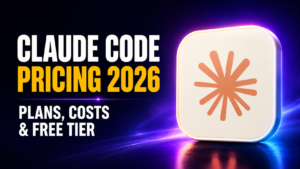 Thumbnail showing bold white and amber text reading “CLAUDE CODE PRICING 2026” with the subtitle “Plans, costs & free tier,” beside a glossy white app-style icon featuring the orange Claude starburst logo on a dark purple-blue neon background.