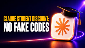 Thumbnail for “Claude Student Discount: No Fake Codes” featuring bold yellow and white text beside a glowing Claude app icon wearing a graduation cap. The dark blue and purple neon design highlights a student-focused guide to legitimate Claude discounts without fake promo codes.