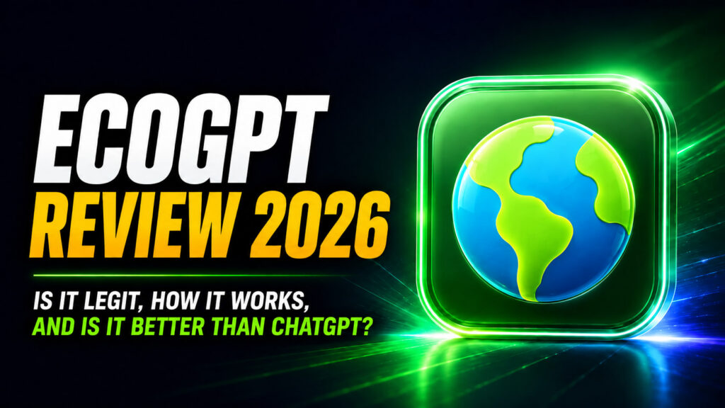 Thumbnail for “EcoGPT Review 2026” featuring bold white and yellow text beside a glowing green app icon with a stylized Earth logo. The design highlights the question of whether EcoGPT is legit, how it works, and whether it is better than ChatGPT.