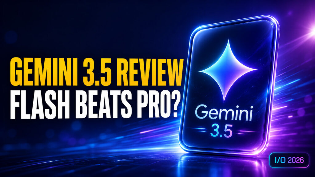 Thumbnail for “Gemini 3.5 Review: What Google Launched at I/O 2026” showing bold amber and white headline text reading “Gemini 3.5 Review: Flash Beats Pro?” beside a glowing Gemini 3.5 app-style card on a dark blue and purple neon background, with an “I/O 2026” badge in the corner.
