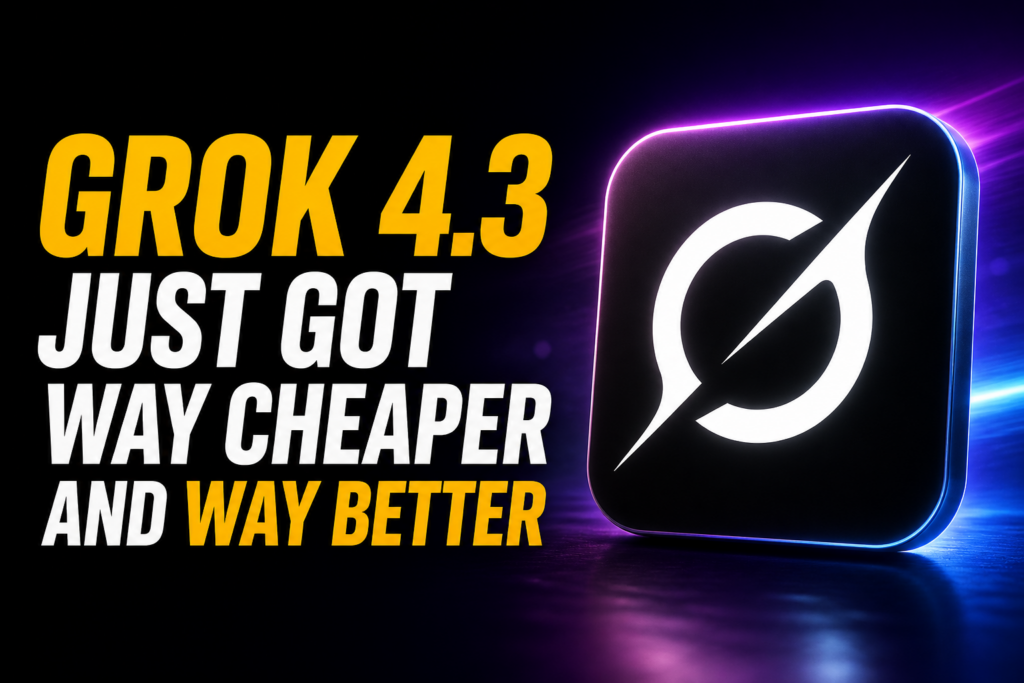 Grok 4.3 review thumbnail with bold amber and white text reading “Grok 4.3 just got way cheaper and way better,” next to the Grok circle-and-slash logo inside a glowing black app icon on a dark purple-blue neon background.