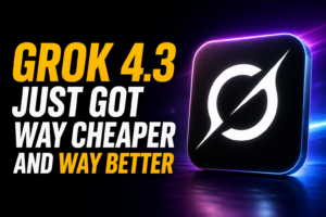 Grok 4.3 review thumbnail with bold amber and white text reading “Grok 4.3 just got way cheaper and way better,” next to the Grok circle-and-slash logo inside a glowing black app icon on a dark purple-blue neon background.