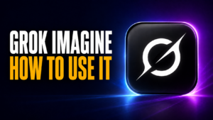 Thumbnail showing bold white and amber text reading “GROK IMAGINE / HOW TO USE IT”, beside a glossy black Grok Imagine app icon on a dark purple-blue neon background.