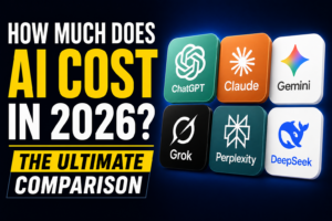 Thumbnail with bold headline “HOW MUCH DOES AI COST IN 2026? / THE ULTIMATE COMPARISON” in yellow and white text on a dark blue gradient background, featuring a clean 2×3 grid of AI app logos (ChatGPT, Claude, Gemini, Grok, Perplexity, DeepSeek) on the right.