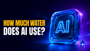 Thumbnail for “How Much Water Does AI Use?” showing a glowing futuristic AI chip beside a small water droplet on a dark blue and purple neon background, with bold amber and white headline text reading “How Much Water Does AI Use?”