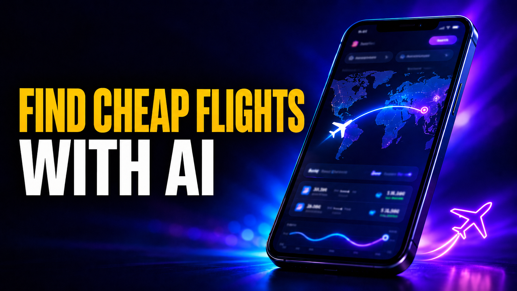Thumbnail for “Find Cheap Flights With AI” showing bold amber-and-white text next to a smartphone displaying an AI flight-search map with a glowing plane route, plus a neon airplane outline on a dark blue-purple travel-tech background.