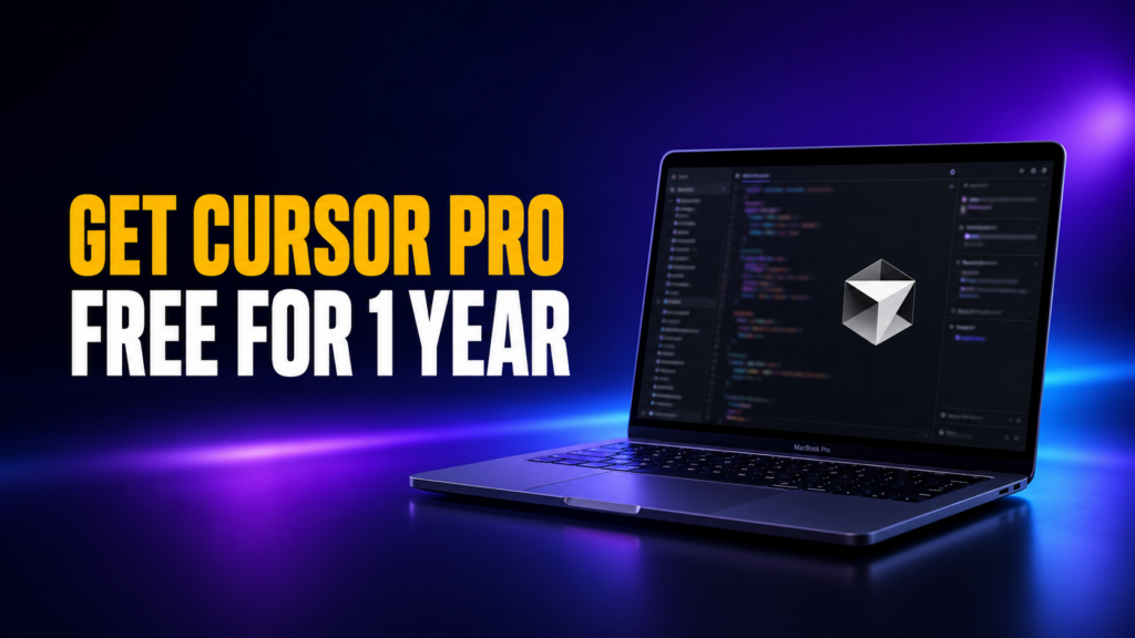 16:9 FelloAI article thumbnail with the headline “Get Cursor Pro Free for 1 Year” in amber and white text, showing a dark MacBook Pro with a blurred Cursor-style coding interface on a deep navy and purple neon background.