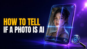 Thumbnail for “How to Tell If a Photo Is AI Generated in 2026” showing bold amber and white headline text reading “How to Tell If a Photo Is AI,” alongside a glowing smartphone displaying a portrait split between a realistic face and an AI detection wireframe, with verification checkmarks and a magnifying-glass icon on a dark blue and purple neon background.