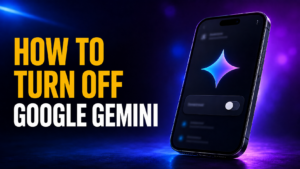 Thumbnail for “How to Turn Off Google Gemini” showing bold amber and white text beside a dark smartphone screen with the Gemini logo and an off toggle, set against a blue-purple neon tech background.