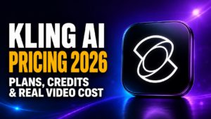 Thumbnail showing bold white and amber text reading “KLING AI PRICING 2026” with the subtitle “Plans, credits & real video cost,” beside a glossy black app-style icon with the Kling AI logo on a dark purple-blue neon background.