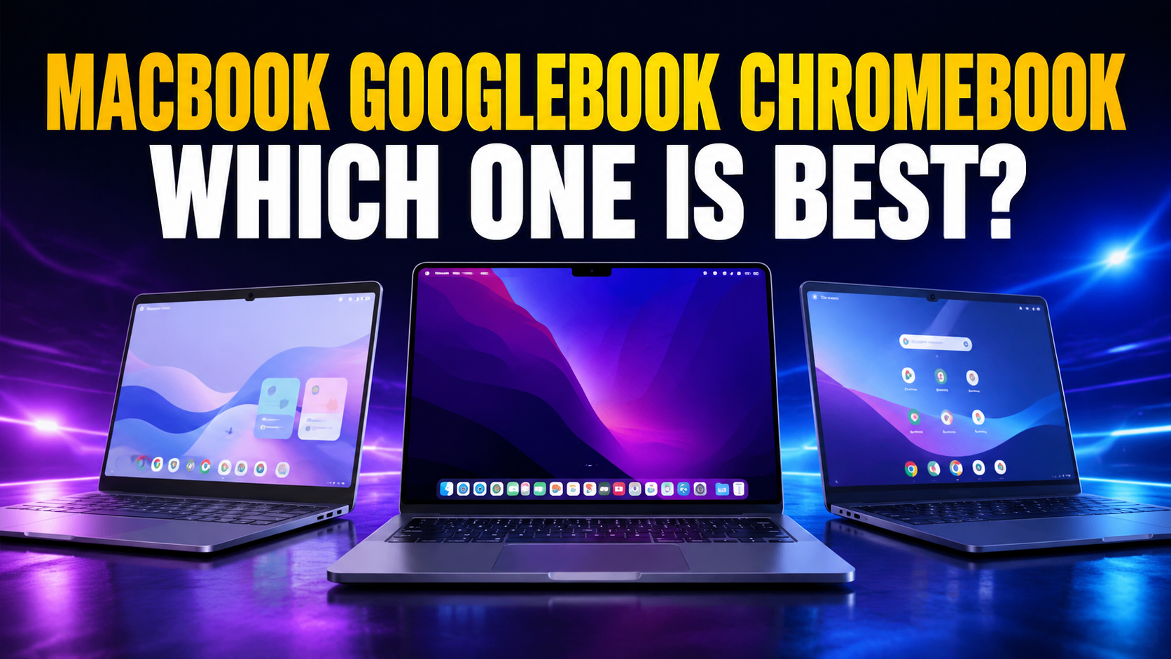 16:9 FelloAI article thumbnail with the headline “MacBook Googlebook Chromebook: Which One Is Best?” showing three laptops on a dark blue and purple neon background, with the MacBook centered between a Googlebook and Chromebook for a 2026 laptop comparison.