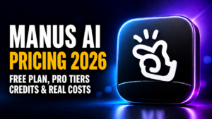 Thumbnail showing bold white and amber text reading “MANUS AI PRICING 2026” with the subtitle “Free plan, pro tiers, credits & real costs,” beside a glowing black app icon featuring the white Manus hand logo on a dark purple-blue neon background.