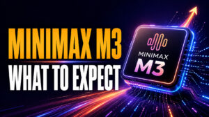 MiniMax M3: Release Date, Sparse Attention, and What to Expect” featuring bold yellow and white text beside a glowing MiniMax M3 chip on a dark neon tech background. Orange, purple, and blue speed trails emphasize the model’s claimed faster prefill, faster decoding, and next-generation AI flagship positioning.