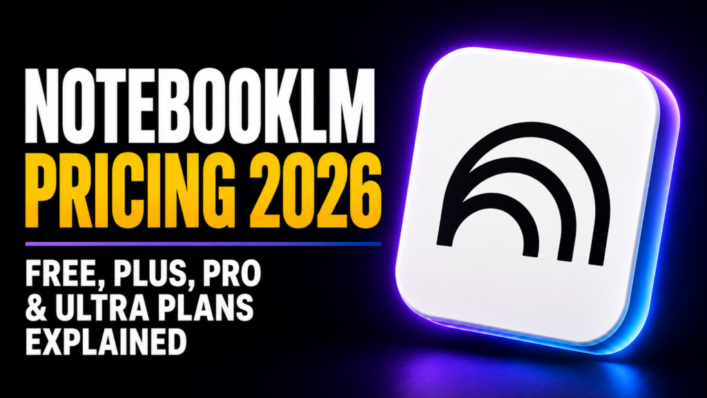Thumbnail showing bold white and amber text reading “NOTEBOOKLM PRICING 2026” with the subtitle “Free, Plus, Pro & Ultra plans explained,” beside a glossy white NotebookLM app-style icon on a dark purple-blue neon background.