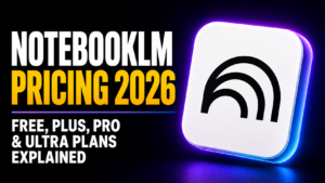 Thumbnail showing bold white and amber text reading “NOTEBOOKLM PRICING 2026” with the subtitle “Free, Plus, Pro & Ultra plans explained,” beside a glossy white NotebookLM app-style icon on a dark purple-blue neon background.