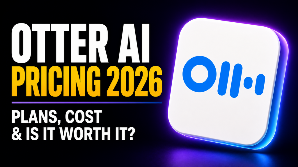 Thumbnail showing bold white and amber text reading “OTTER AI PRICING 2026” with the subtitle “Plans, cost & is it worth it?” beside a glossy white Otter.ai app icon on a dark purple-blue neon background.