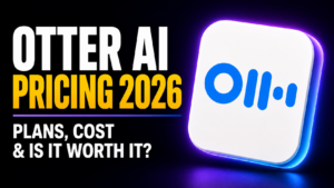 Thumbnail showing bold white and amber text reading “OTTER AI PRICING 2026” with the subtitle “Plans, cost & is it worth it?” beside a glossy white Otter.ai app icon on a dark purple-blue neon background.