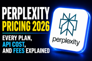 Thumbnail with bold headline “PERPLEXITY PRICING 2026 / WHAT YOU REALLY PAY” in yellow and white text on a dark blue gradient background, featuring a glowing Perplexity logo tile on the right.