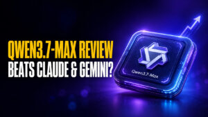 Thumbnail for “Qwen3.7-Max Review” featuring bold yellow and white text reading “Qwen3.7-Max Review — Beats Claude & Gemini?” beside a glowing futuristic AI chip labeled Qwen3.7-Max. The dark blue and purple tech background with an upward arrow emphasizes benchmark gains and Alibaba’s new flagship AI model.