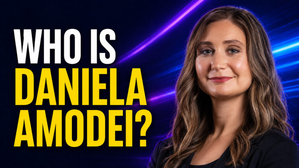 Thumbnail for “Who Is Daniela Amodei?” featuring bold yellow and white headline text beside a professional, neon-lit portrait of a woman on a dark blue and purple tech background. The design introduces a profile article about Anthropic’s president and co-founder, covering her career, family, and role in the AI industry.