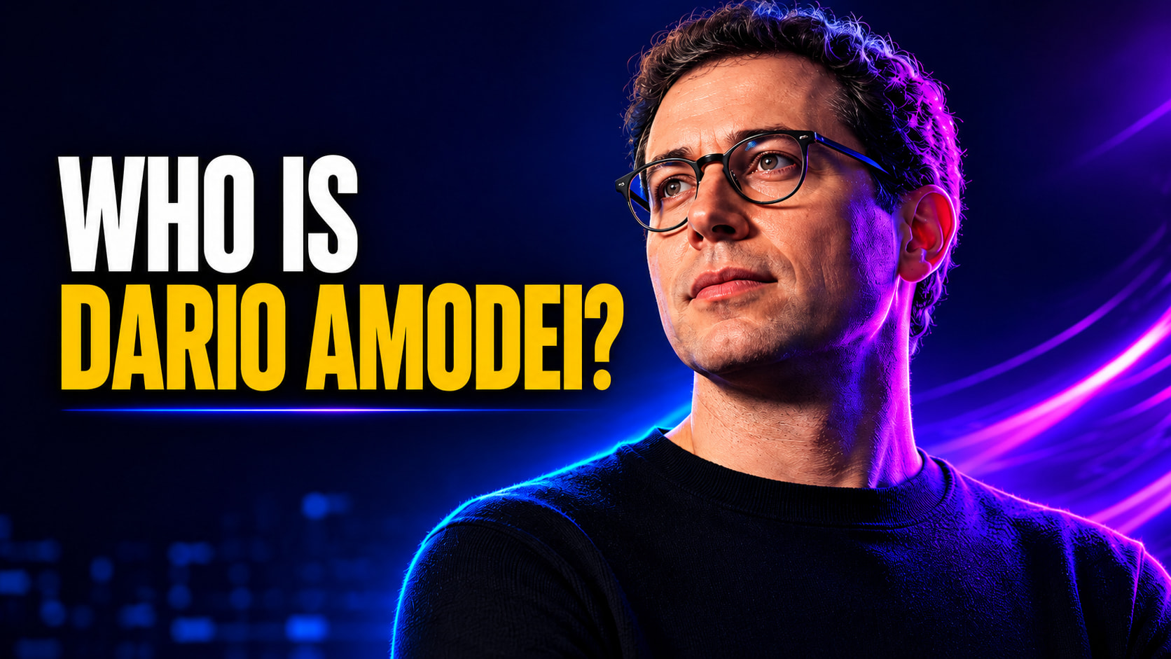 Thumbnail for “Who Is Dario Amodei?” featuring bold yellow and white headline text beside a cinematic, neon-lit executive portrait on a dark blue and purple tech background. The design introduces the Anthropic CEO bio article covering his career, net worth, and family.