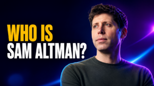 Who Is Sam Altman thumbnail with bold amber and white headline text beside a cinematic portrait of Sam Altman against a dark blue and purple neon background, introducing an OpenAI CEO bio covering his net worth, family, and career.