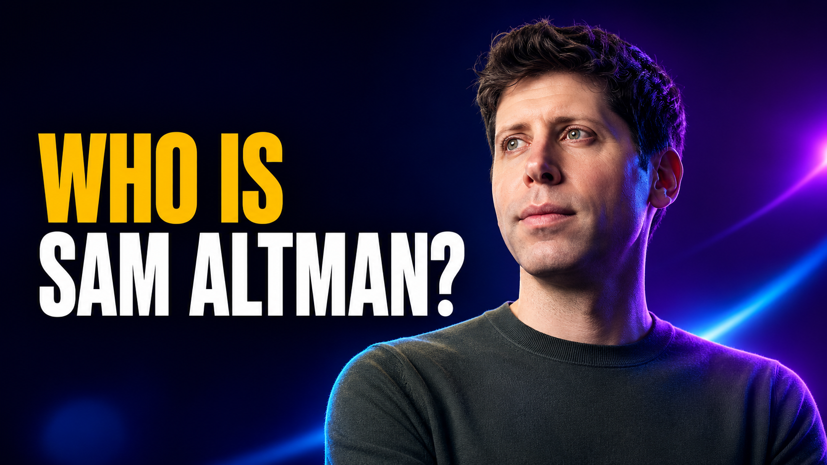 Who Is Sam Altman thumbnail with bold amber and white headline text beside a cinematic portrait of Sam Altman against a dark blue and purple neon background, introducing an OpenAI CEO bio covering his net worth, family, and career.