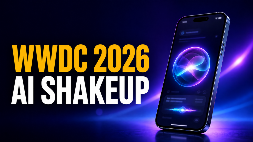 WWDC 2026 AI Shakeup thumbnail featuring bold amber and white text beside a glowing iPhone-style Siri 2.0 interface on a dark purple-blue neon background. The image promotes Apple’s WWDC 2026 preview, iOS 27 AI changes, and the shift away from ChatGPT’s exclusive Siri integration.