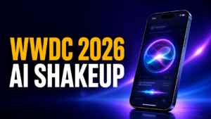 WWDC 2026 AI Shakeup thumbnail featuring bold amber and white text beside a glowing iPhone-style Siri 2.0 interface on a dark purple-blue neon background. The image promotes Apple’s WWDC 2026 preview, iOS 27 AI changes, and the shift away from ChatGPT’s exclusive Siri integration.