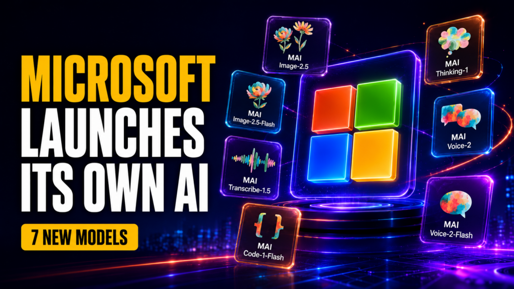 Microsoft AI article cover showing a glowing Microsoft logo surrounded by seven MAI model cards with watercolor-style icons, neon tech lighting, and the headline “Microsoft Launches Its Own AI.”