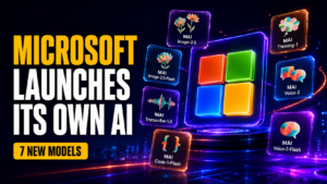 Microsoft AI article cover showing a glowing Microsoft logo surrounded by seven MAI model cards with watercolor-style icons, neon tech lighting, and the headline “Microsoft Launches Its Own AI.”