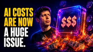 Sam Altman looking at a glowing AI chip marked with dollar signs as money burns around it, with the headline “AI Costs Are Now a Huge Issue.”