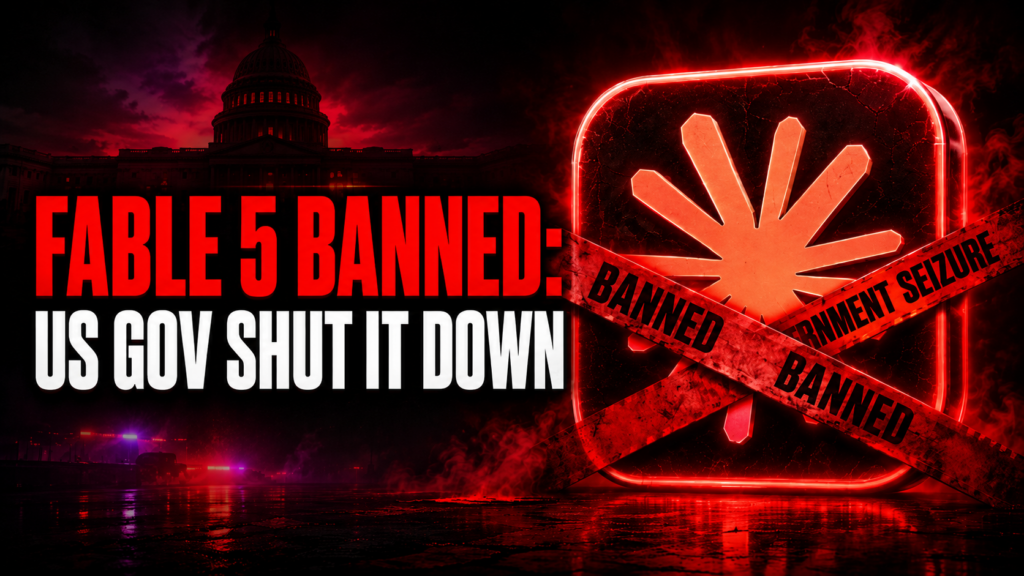 Anthropic Claude Fable 5 banned article cover with red police tape, glowing Claude logo, and “US Gov Shut It Down” headline in a dark government seizure style.