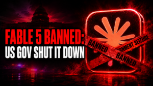 Anthropic Claude Fable 5 banned article cover with red police tape, glowing Claude logo, and “US Gov Shut It Down” headline in a dark government seizure style.