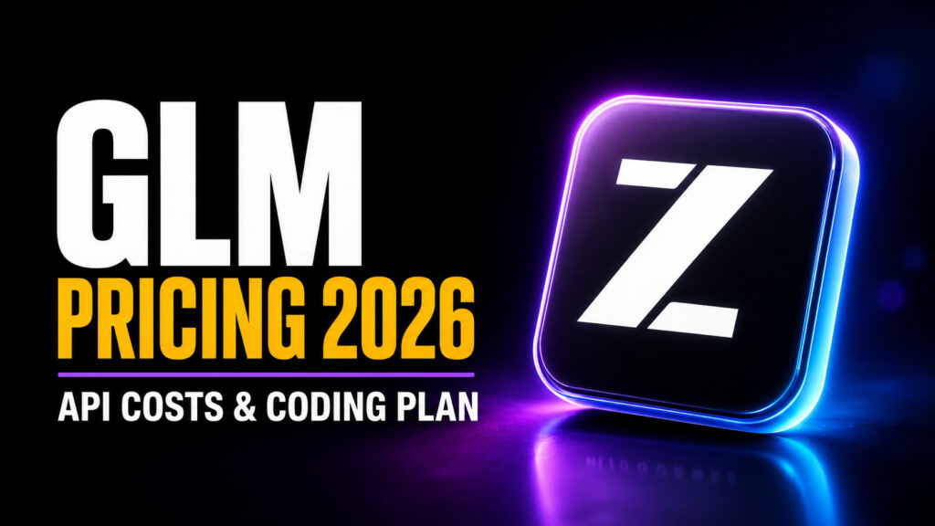 Fello AI thumbnail with the headline “GLM PRICING 2026 API COSTS & CODING PLAN” beside a glossy rounded-square Z.ai logo tile, set on a dark neon purple and blue pricing-card background.